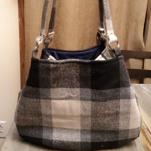 Classic Plaid Wool Handbag Purse Shoulder bag Satchel Gray Black Ivory Blue Med - Picture 3 of 8